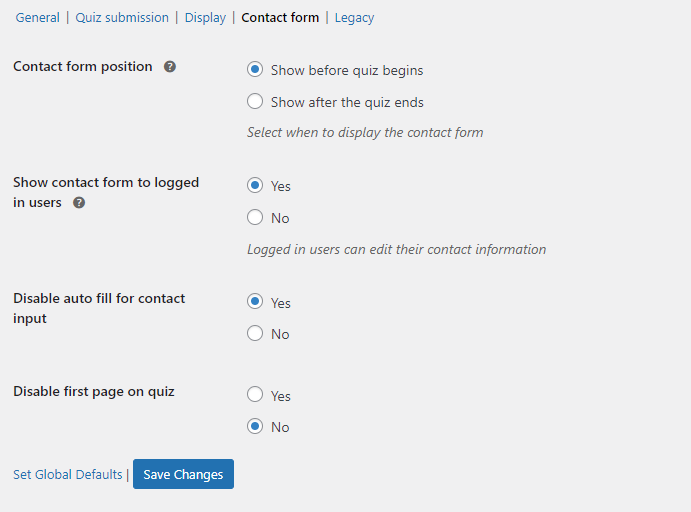 Options Tab- Contact Form