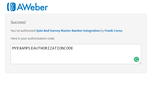 Aweber addon example authorization code