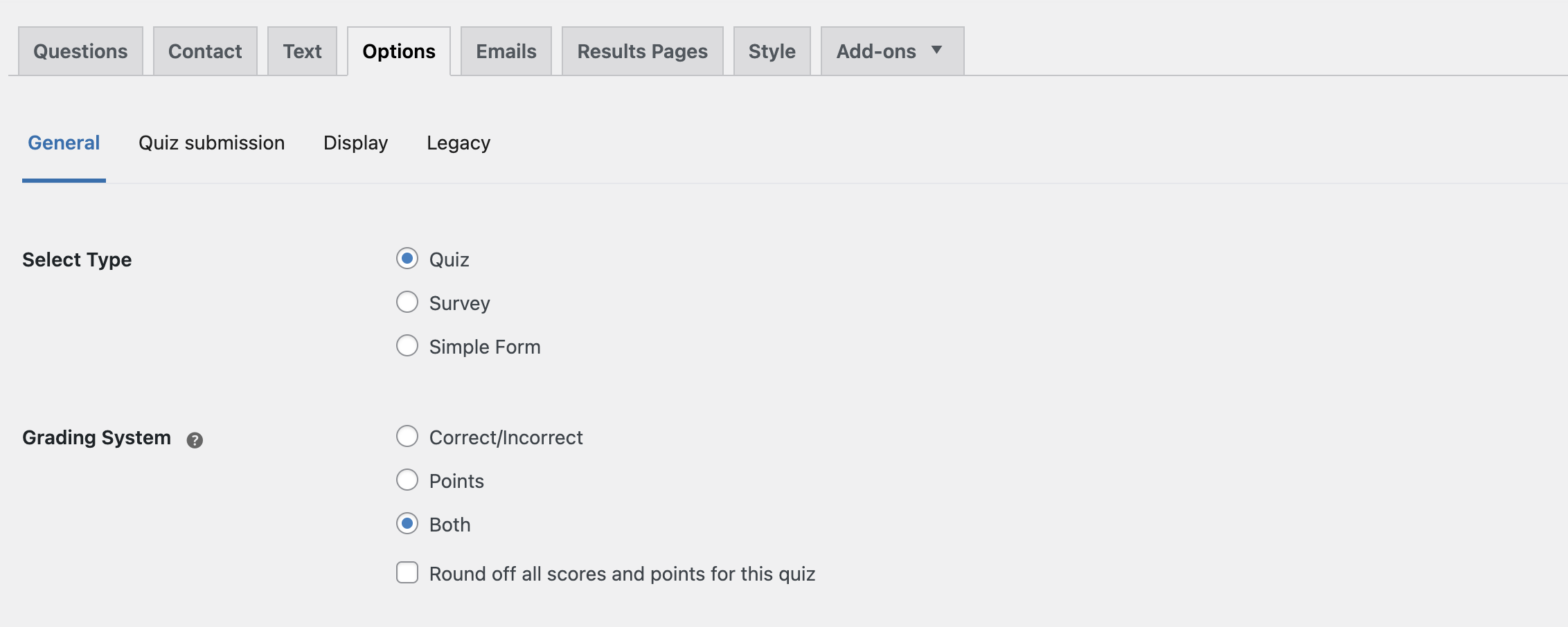 options tab grading system