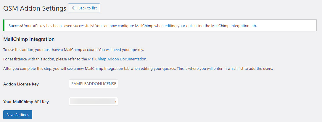 MailChimp Integration Addon - Adding Addon License Key and MailChimp API Key