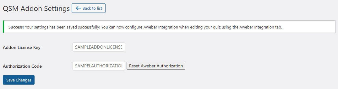 QSM Aweber Integration - Adding Addon License Key and Aweber Activation code Success