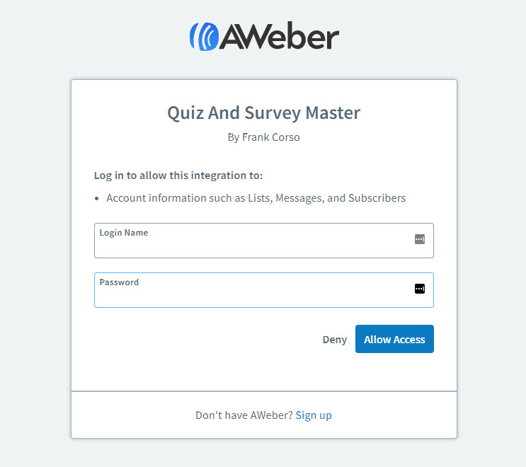 QSM Aweber Integration - Aweber sign in to access the account info
