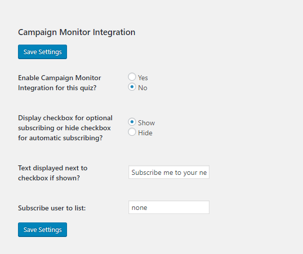 Screenshot of the fields on the Campaign Monitor tab when editing a quiz or survey.
