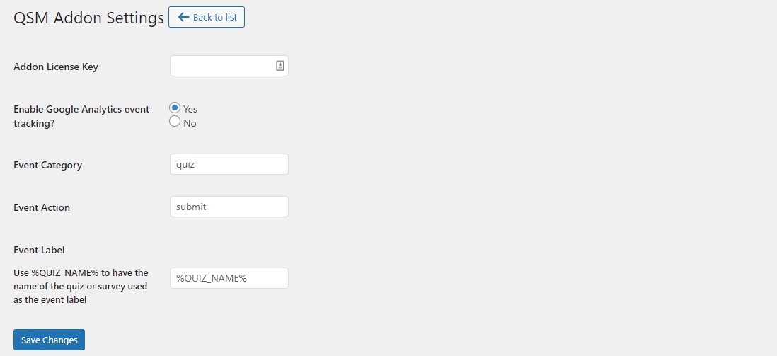 Quiz and Survey Master - Google Analytics Tracking Addon - Addon Configuration
