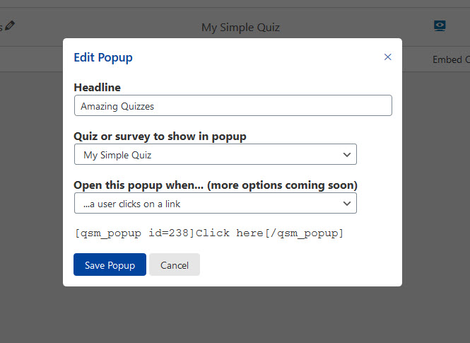 Quiz and Survey Master - Simple Popups - Edit Popup Shortcode