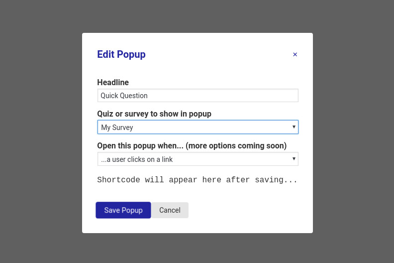 Quiz and Survey Master - Simple Popups - Filling in options to create the popup