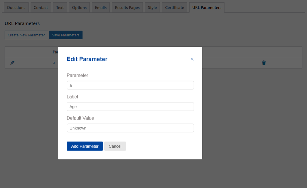 Quiz and Survey Master - URL Parameters Addon - Editing New Parameters