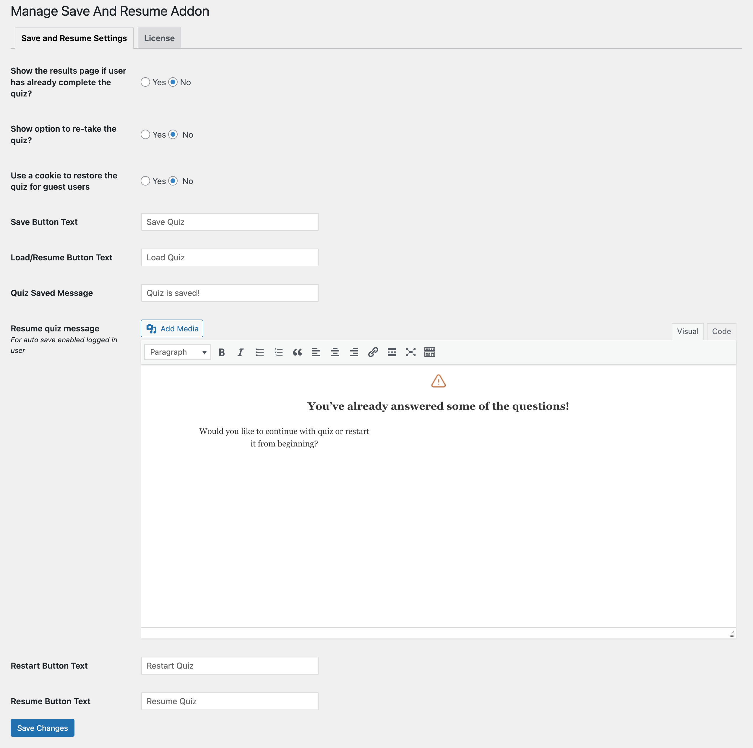 Save and Resume manage save resume addon
