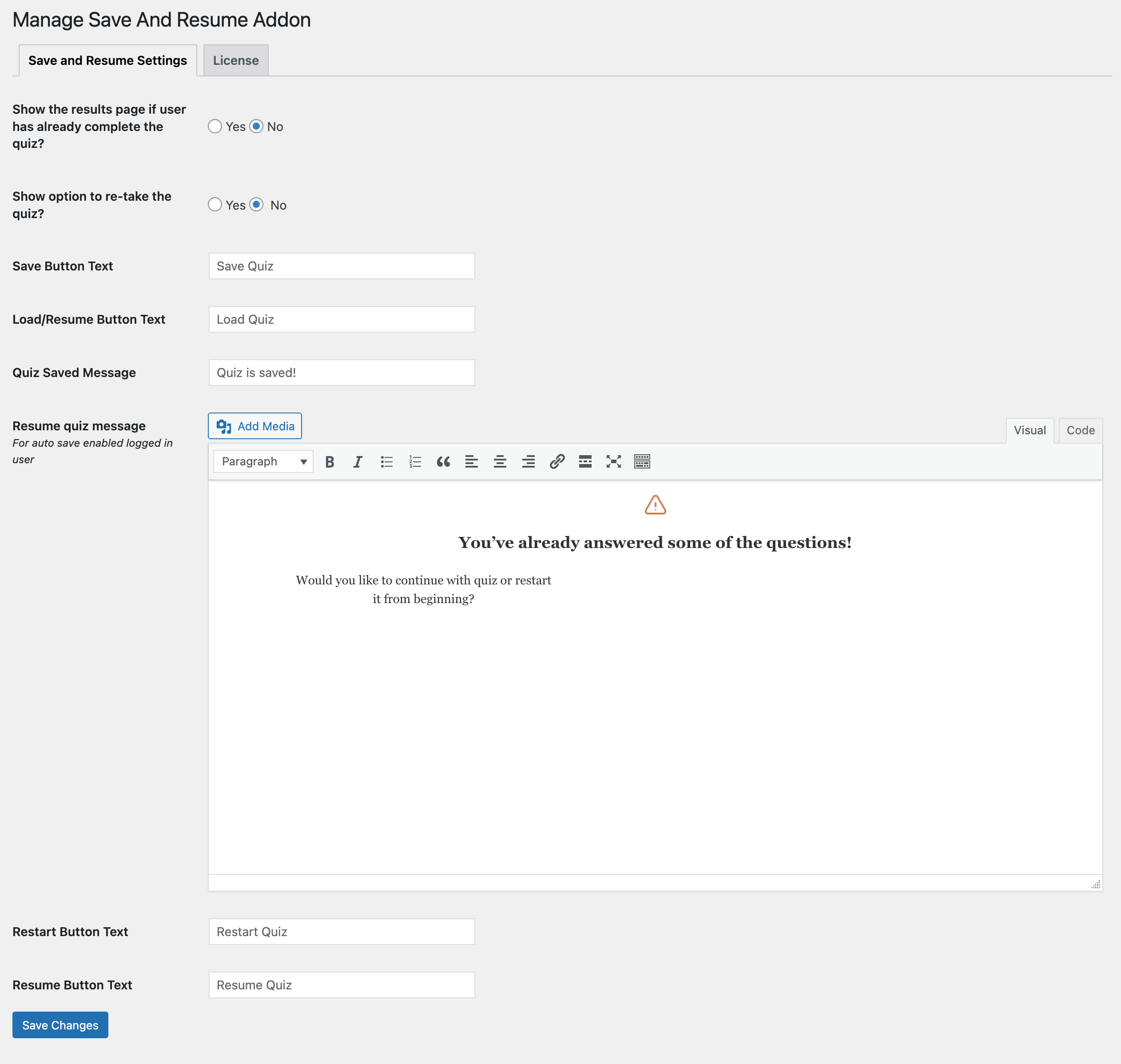 Manage Save and Resume add-on  settings
