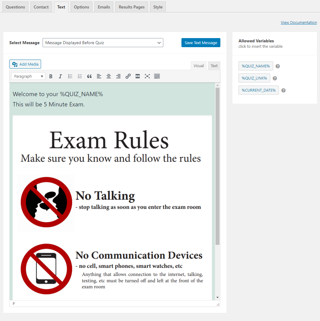 Message to display before exam - online exam WordPress- quiz and survey master plugin