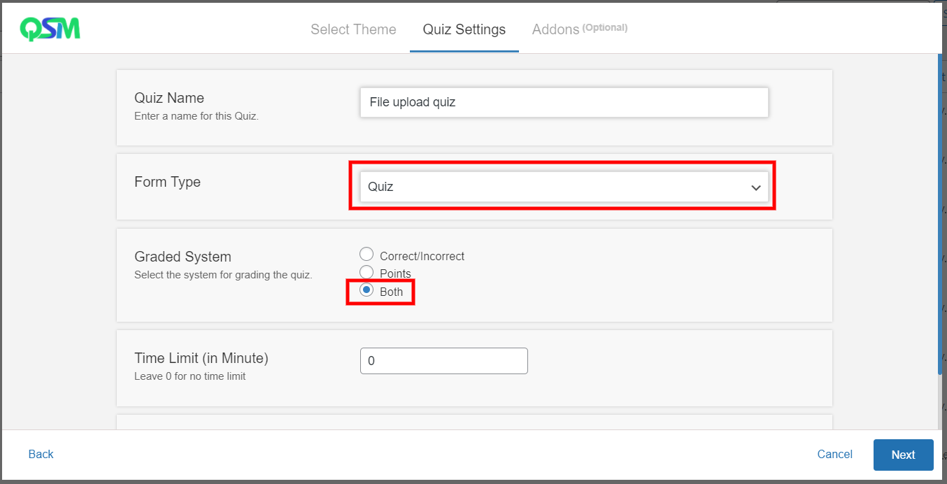 File upload quiz - Create a new quiz