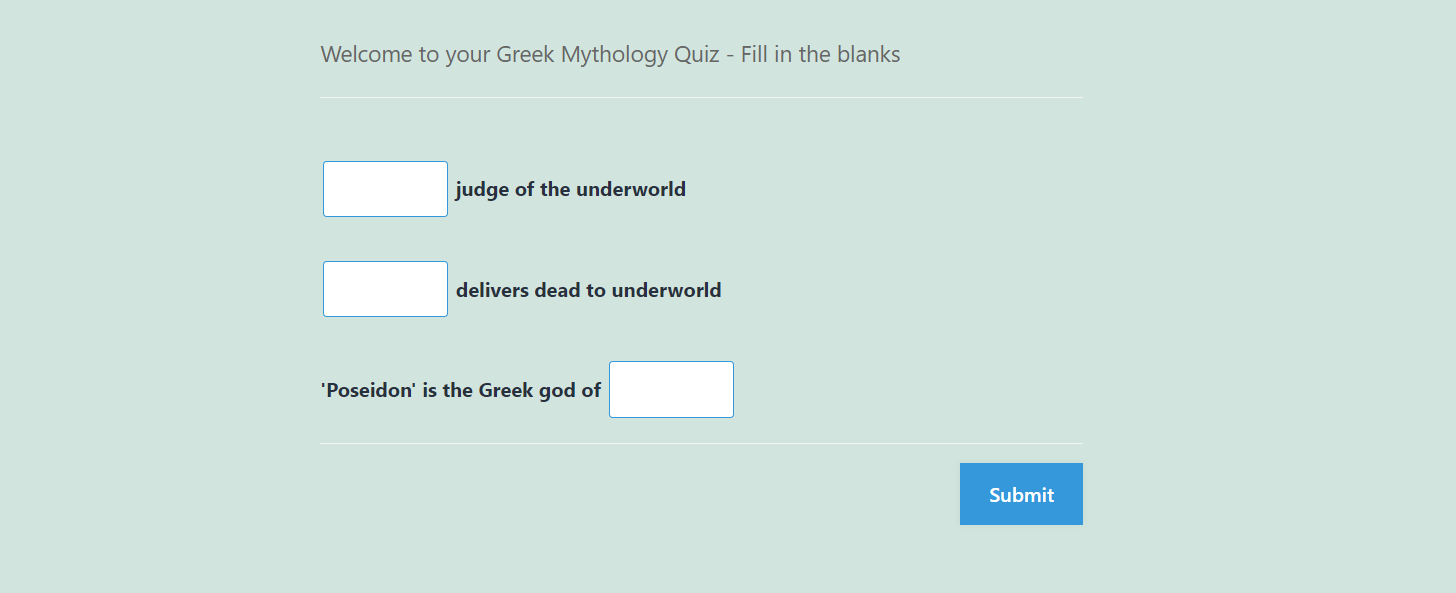 Greek Mythology Quiz - Output of fill in the blanks