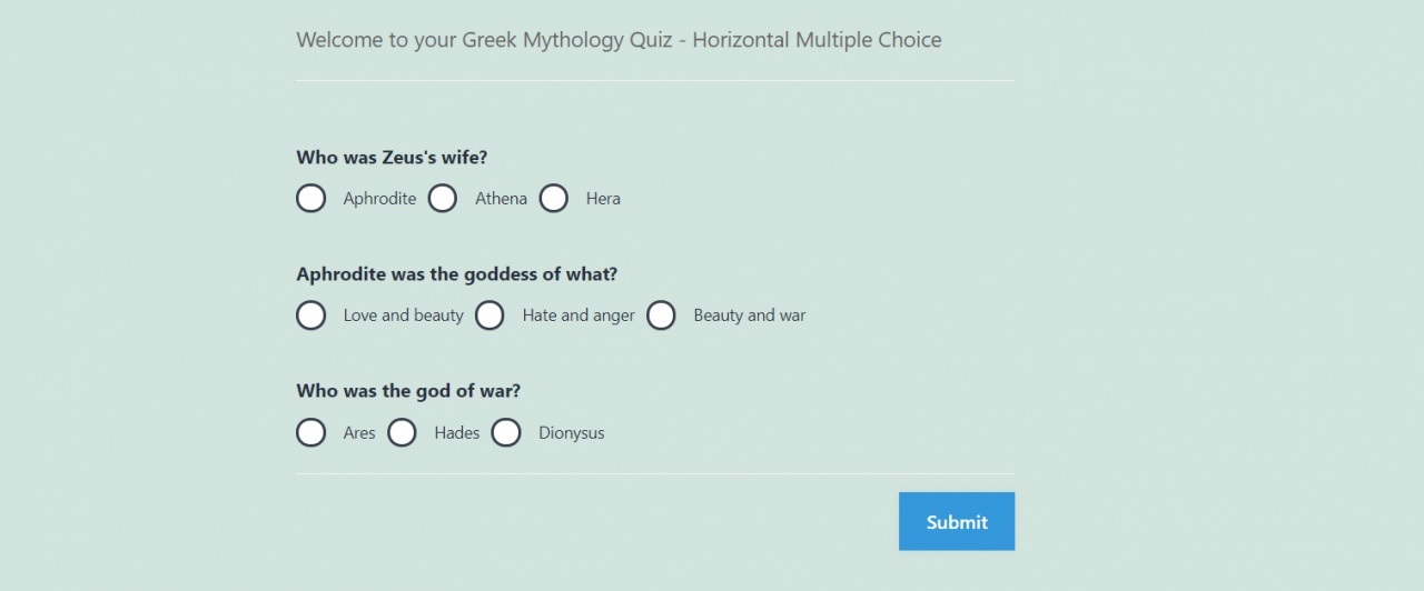 Greek Mythology Quiz - Output of  Horizontal multiple choice