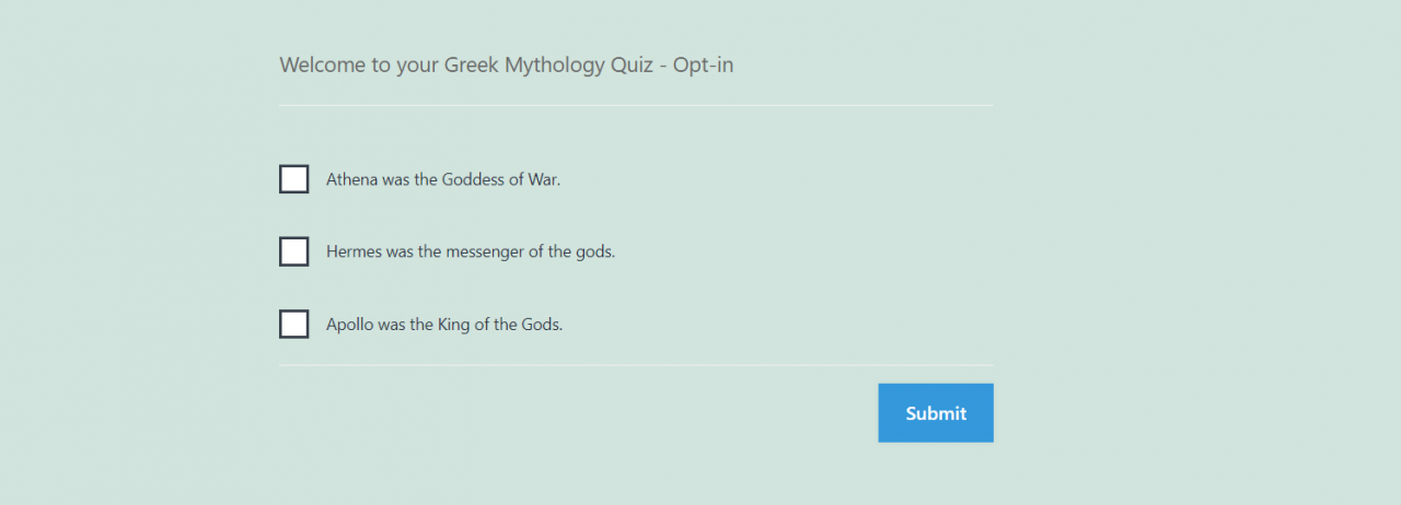 Greek Mythology Quiz - output of opt-in