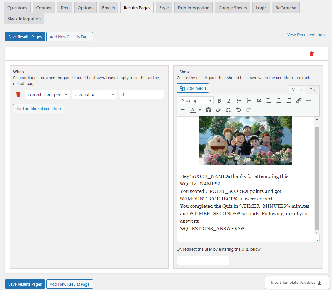 How to Create a Cartoon Characters Picture Quiz on a WordPress Website -Configure the Results Page
