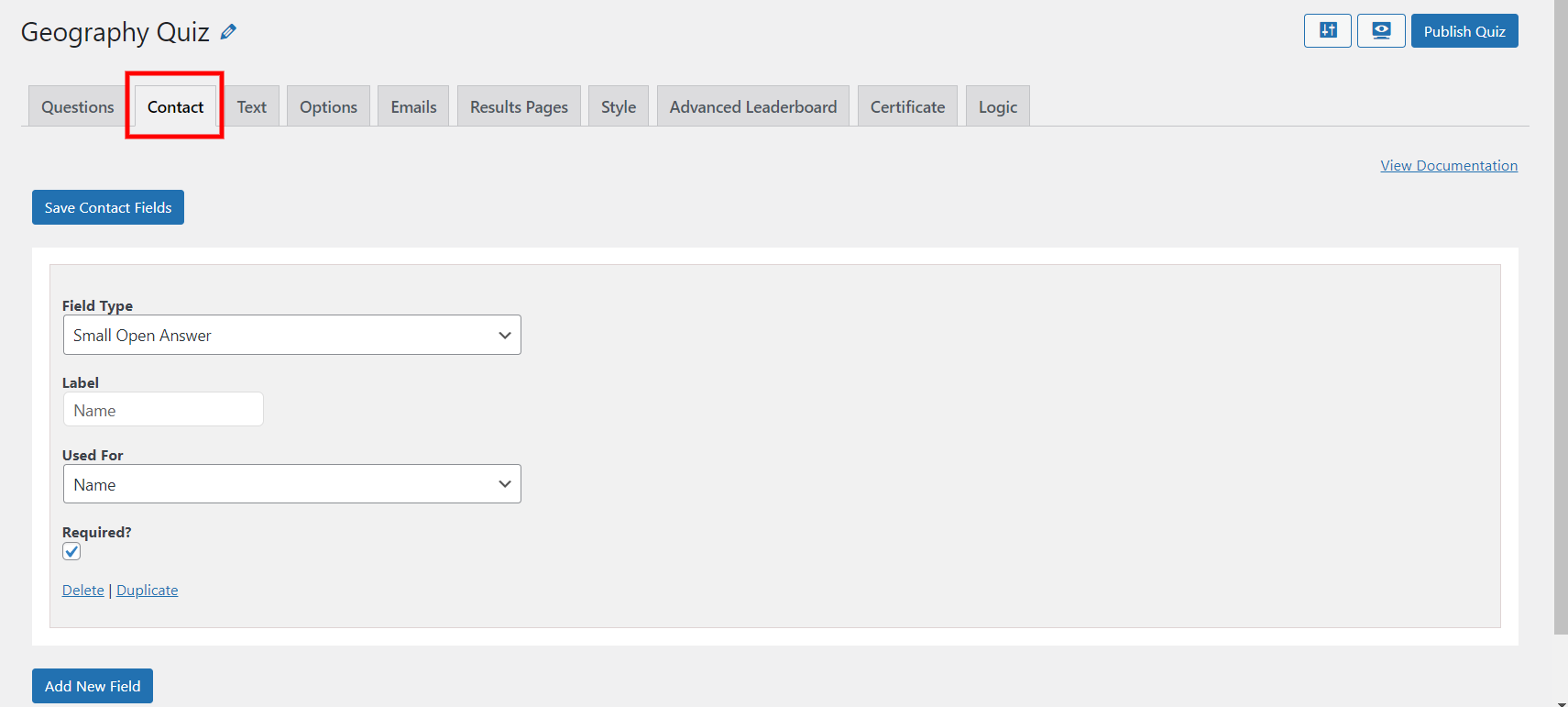 WordPress leaderboard plugin - create a contact form