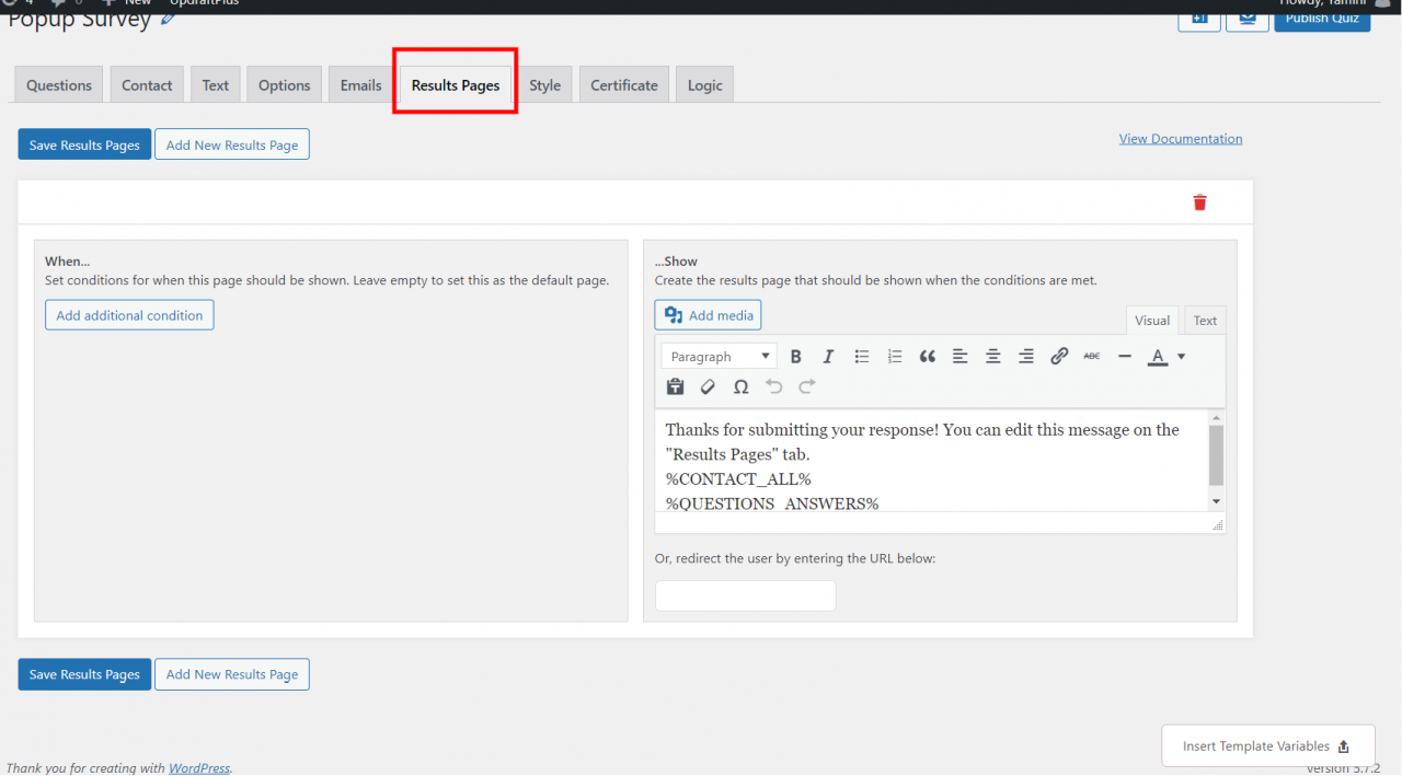 WordPress popup survey- Create result pages