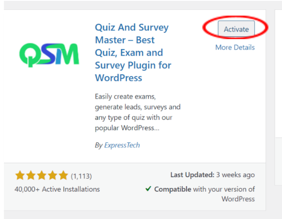 Create Entrepreneur Quiz in WordPress- Activation of the QSM plugin