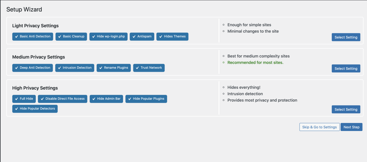 Privacy settings in Hide My WP plugin