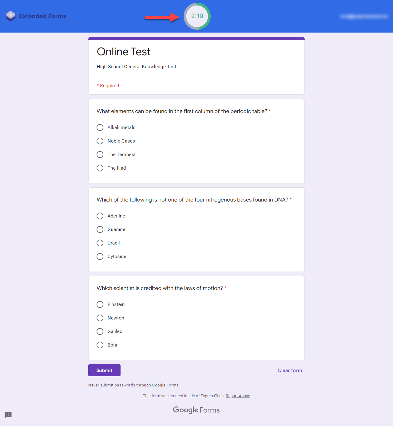 QSM - Extended Forms - add a timer on Google Forms - Google Form with Timer Preview 