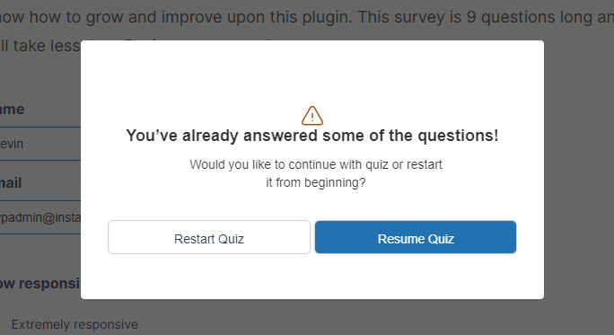 Quiz and Survey Master - Save and Resume Addon - Save and Resume Function in Action