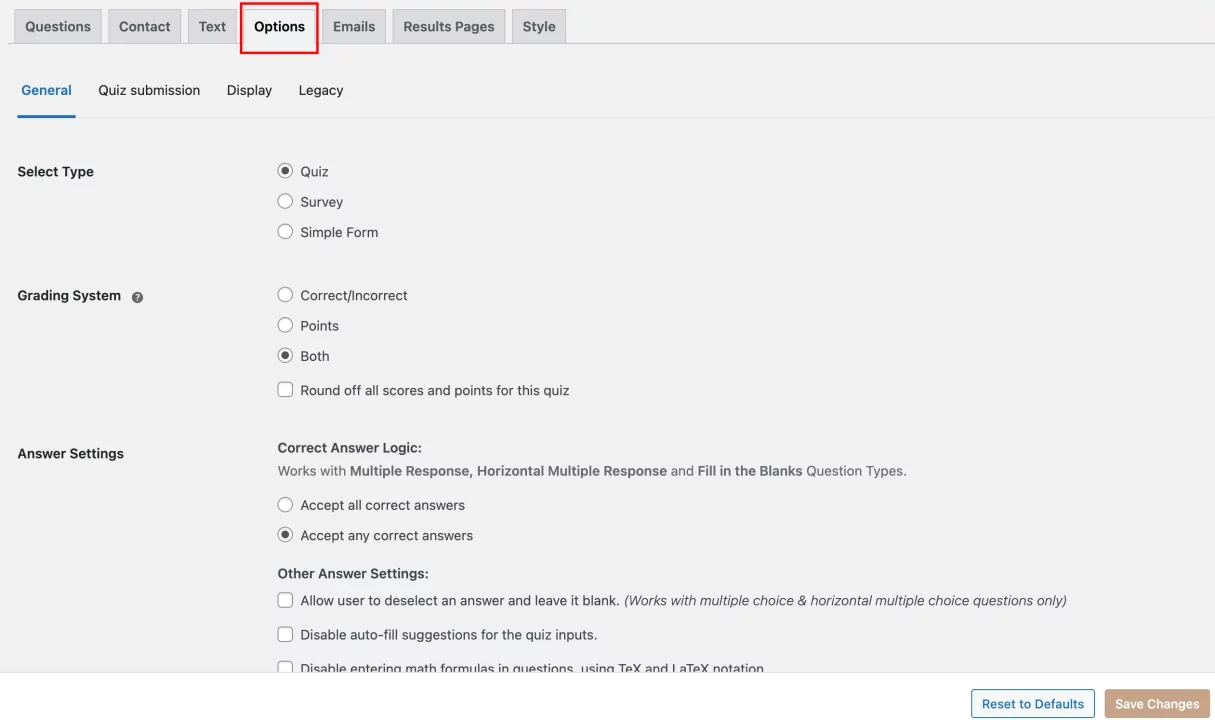 How to Make a Trivia Quiz in WordPress? (5 Easy Code-Free Steps) Trivia Quiz in WordPress - Customize settings via Options tab