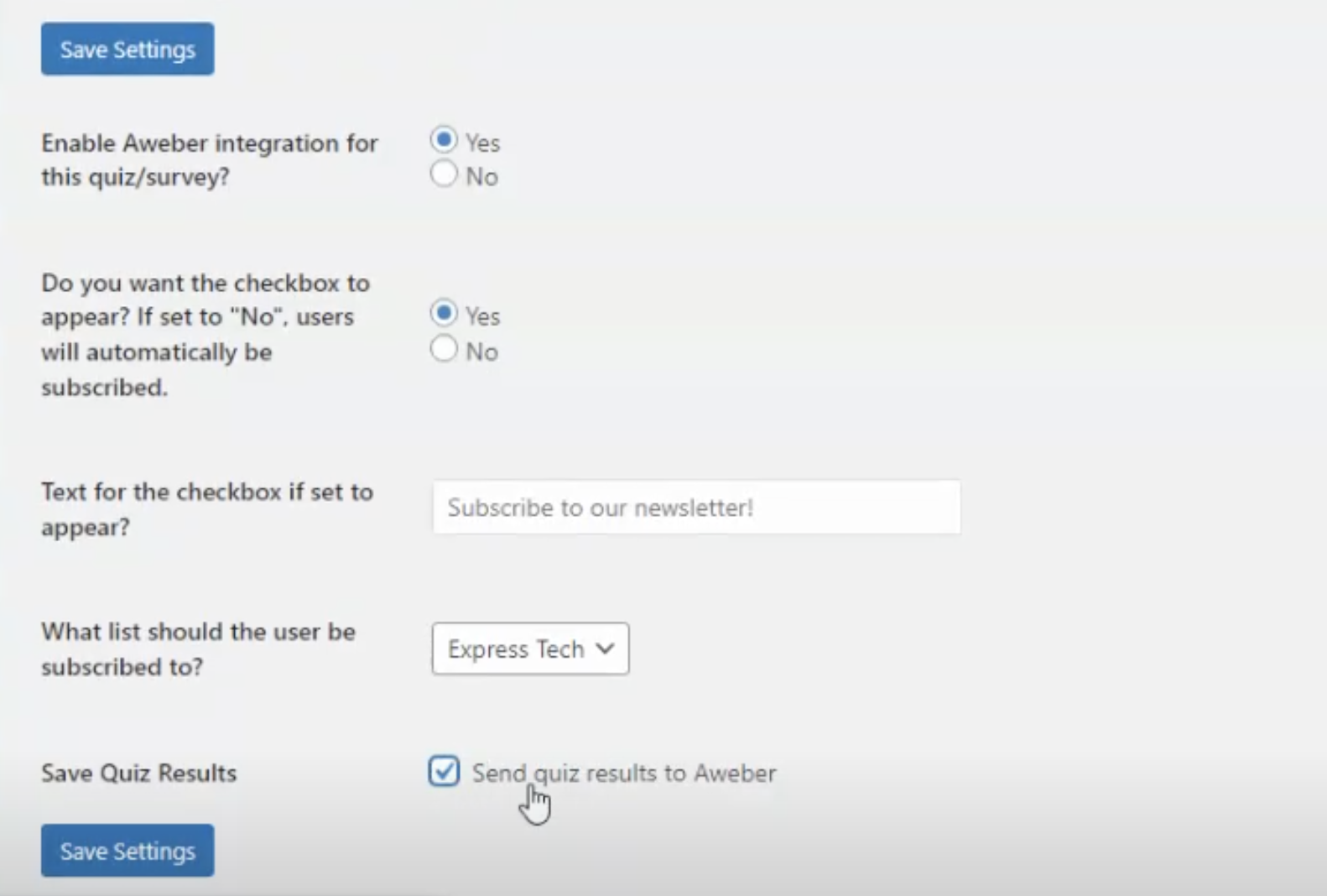 Configuring the Aweber Addon Quiz Settings