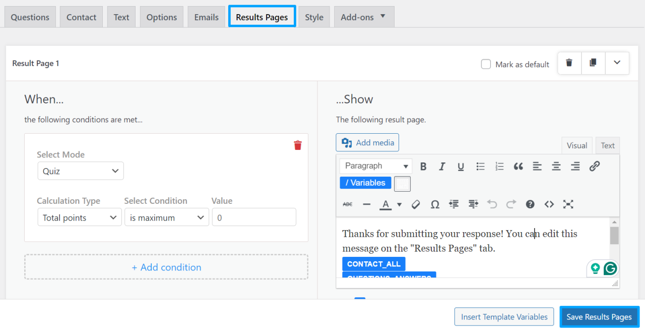 Result Page Tab - Quiz and Survey Master