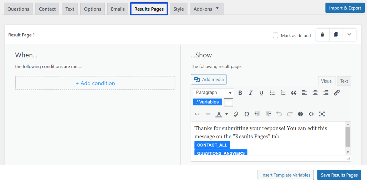 Result Pages - Product Recommendation WordPress Quiz