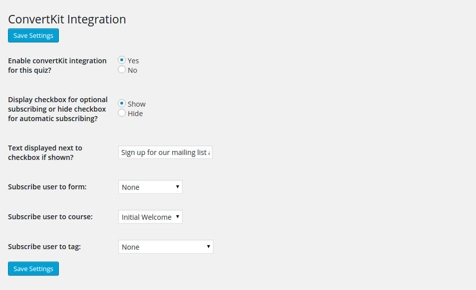 ConvertKit Integration Quiz Survey Settings