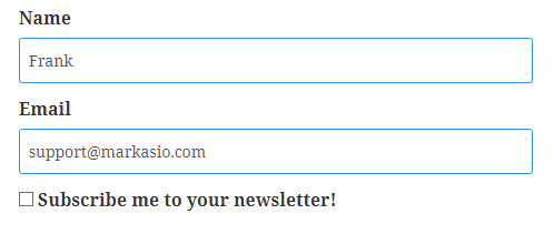Screenshot showing fields for name and email with checkbox asking if user would like to subscribe to a newsletter.