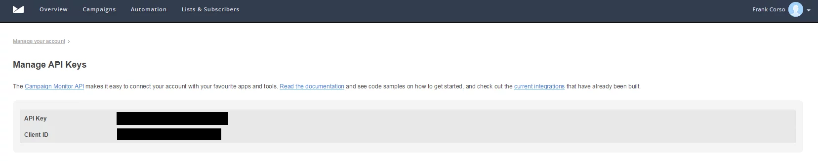 Screenshot of manage API keys page. Includes fields for API Key and Client ID.