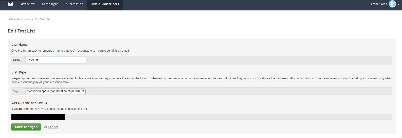 Screenshot of the Edit subscriber list page. Shows fields for list name, list type, and API subscriber list ID.