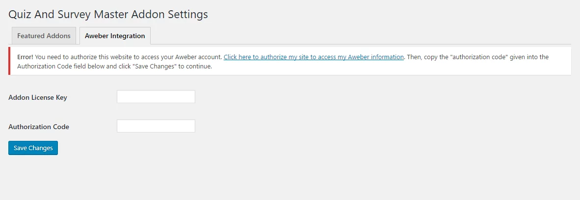 Aweber addon initial settings