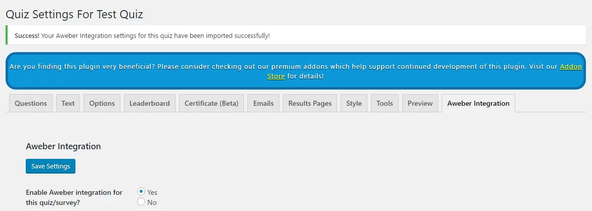 Aweber addon settings imported
