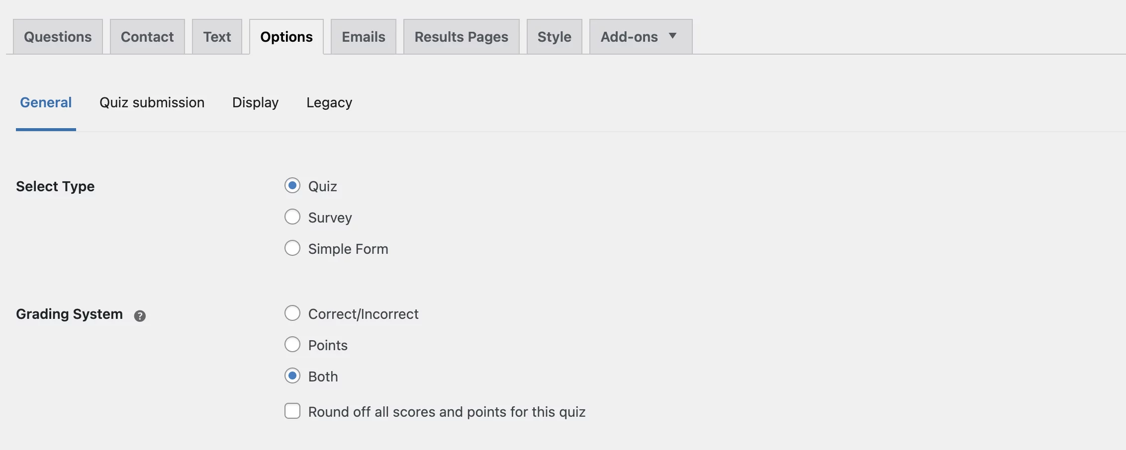 options tab grading system