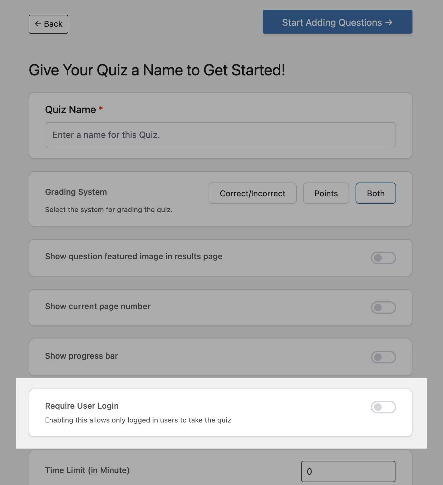 qsm dashboard quiz settings