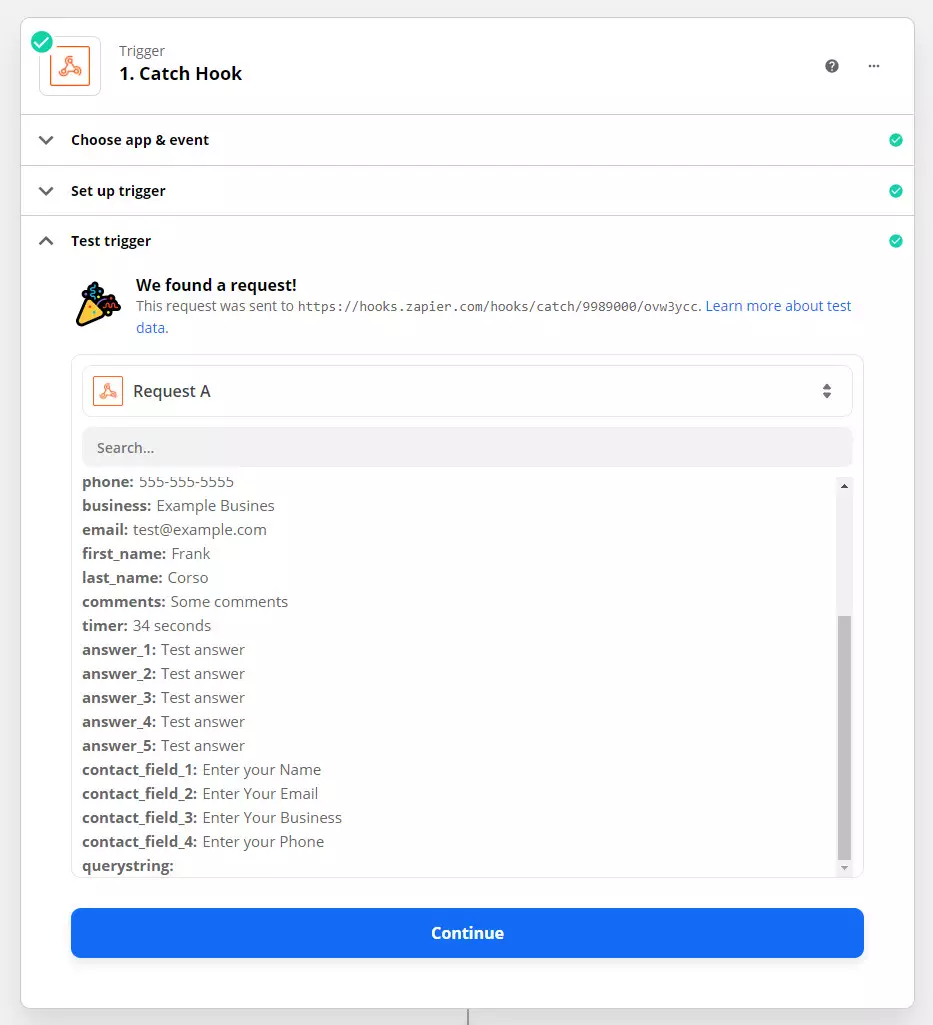 QSM Zapier Integration - Sending Test Data