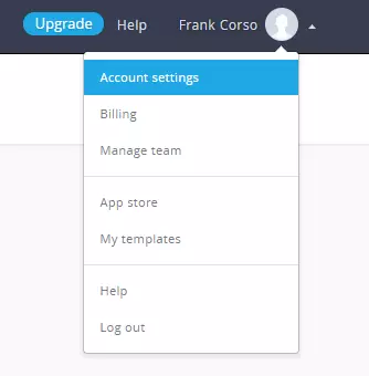 A menu with several options that appears when clicking the account name in Campaign Monitor