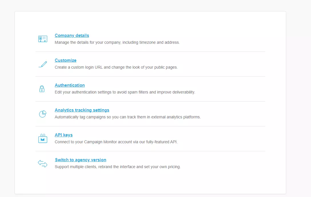 Account settings page with links for company details, customize, authentication, analytics tracking, API keys, and switch to agency version.