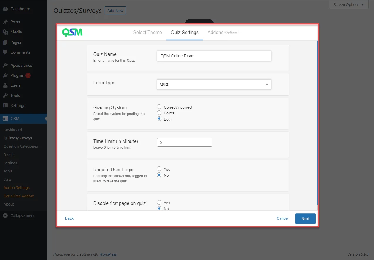 form settings - online exam WordPress plugin - quiz and survey master