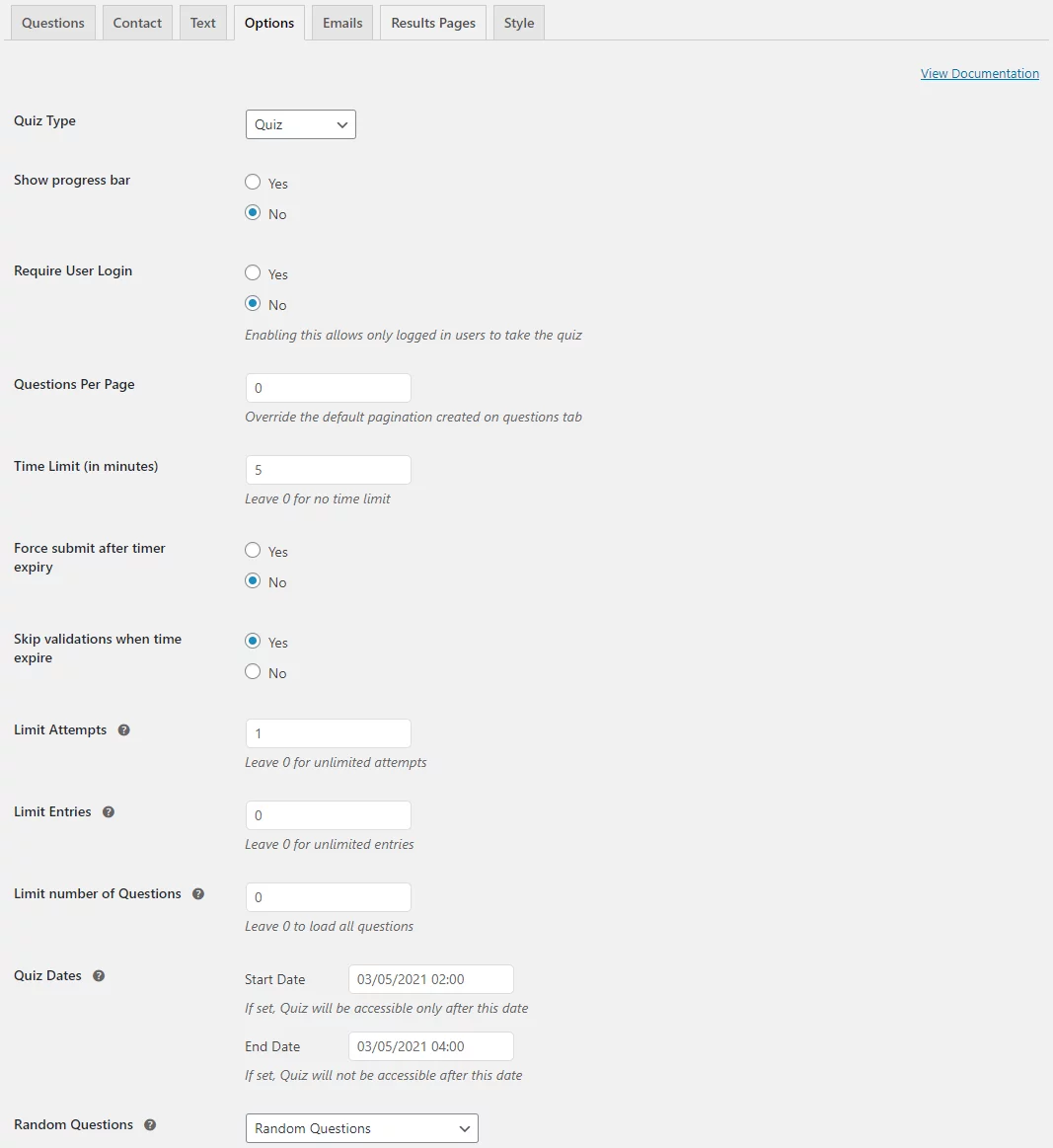 configuring exam options - WordPress online exam - quiz and survey master plugin