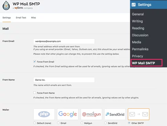wpmailsmtp settings