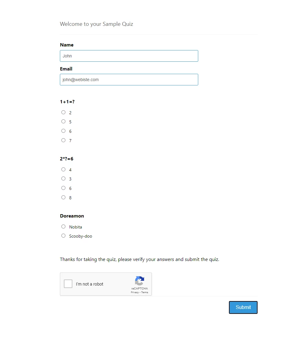 Quiz and Survey Master - reCaptcha Addon - reCaptha after configuring the addon