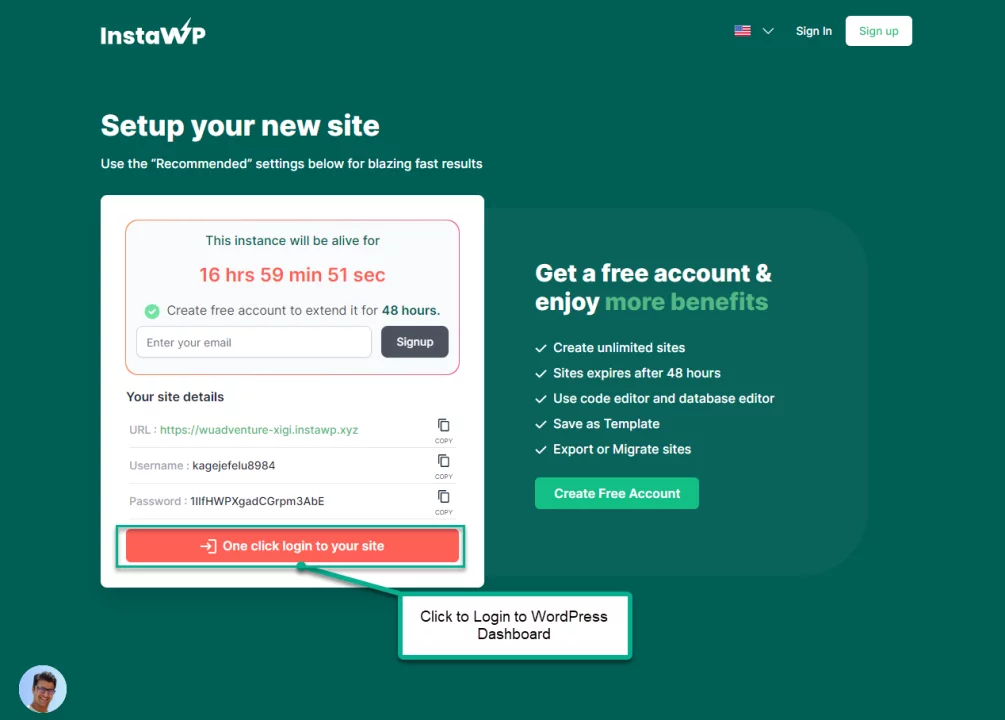 Install WordPress On Sandbox - Test Site Generated Login to WordPress Dashboard