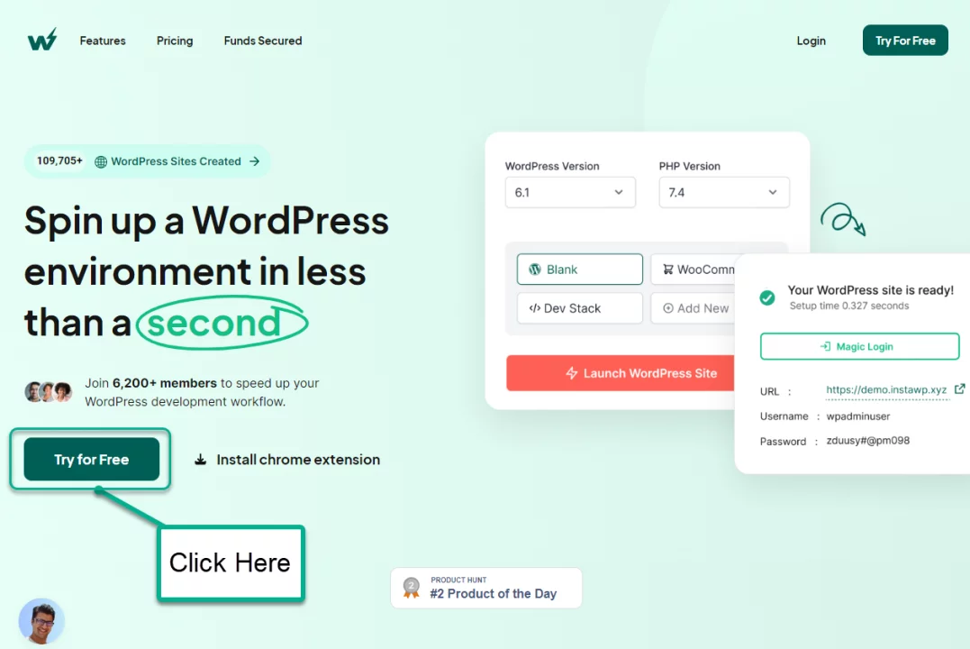 Install WordPress On Sandbox - InstaWP Landing Page