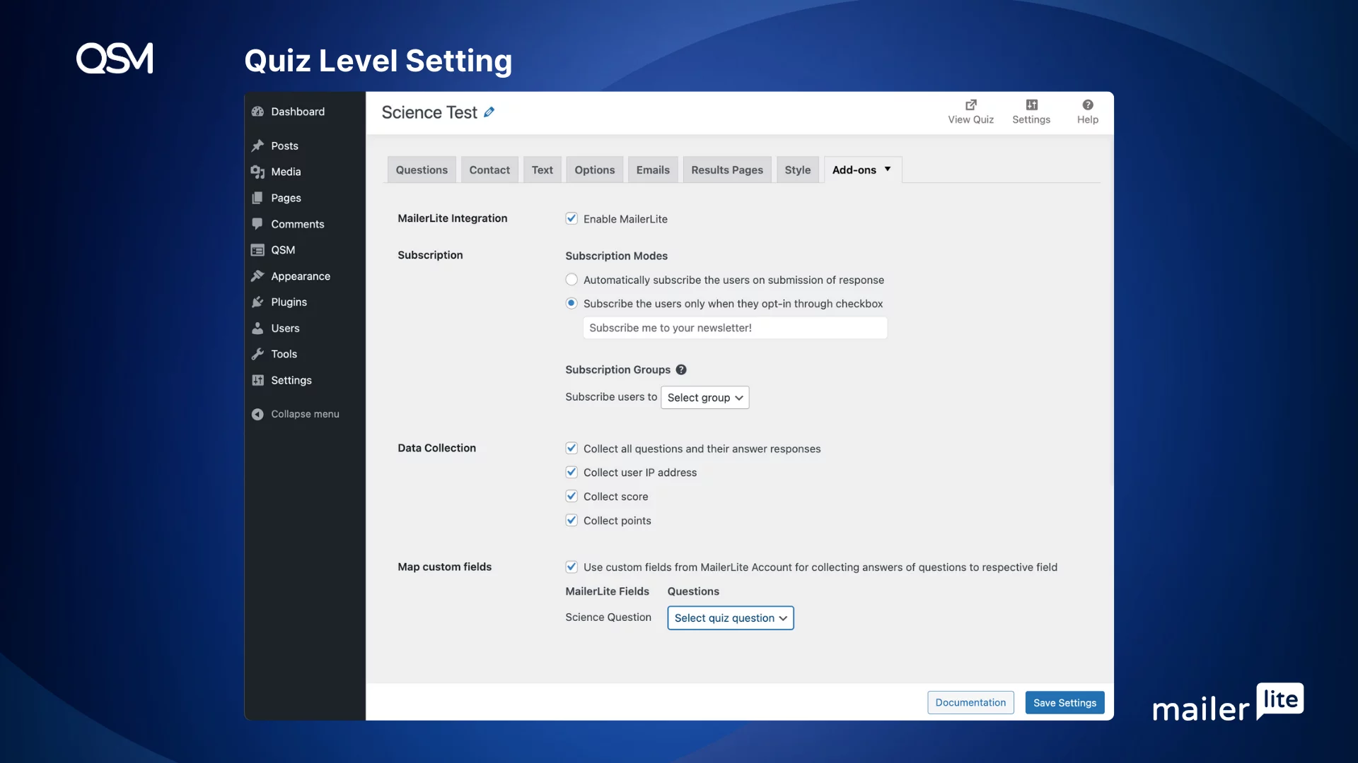 Mailerlite Quiz Setting