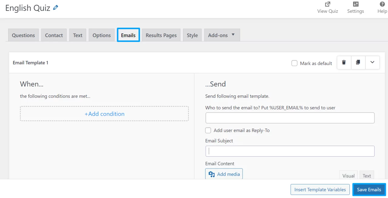 8 Easy Steps to Create an Online Exam in WordPress Email Tab - Create an Online Exam in WordPress