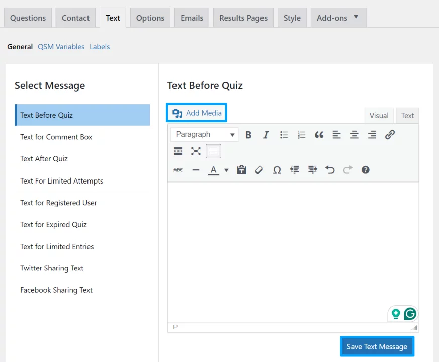 8 Easy Steps to Create an Online Exam in WordPress Text Tab - Quiz and Survey Master