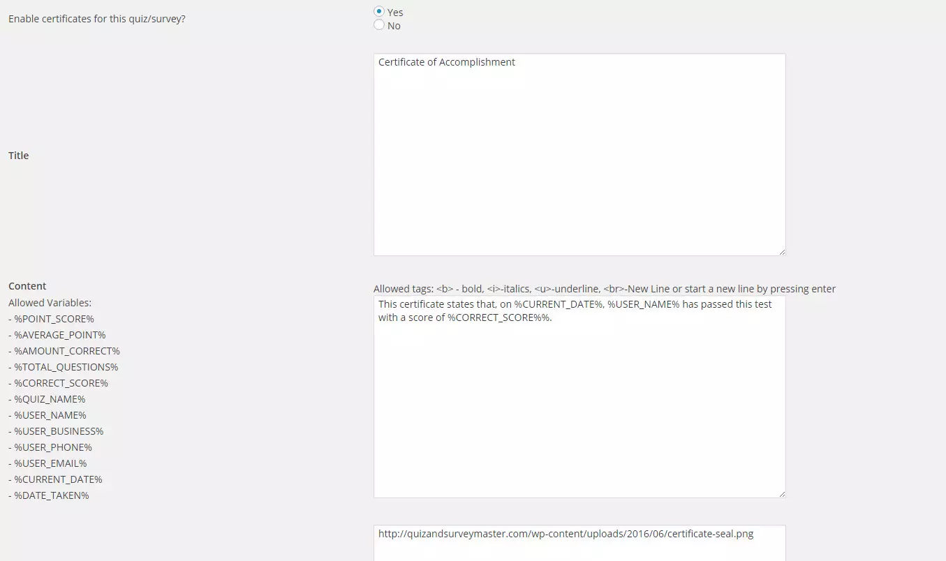Example Certificate Quiz Settings